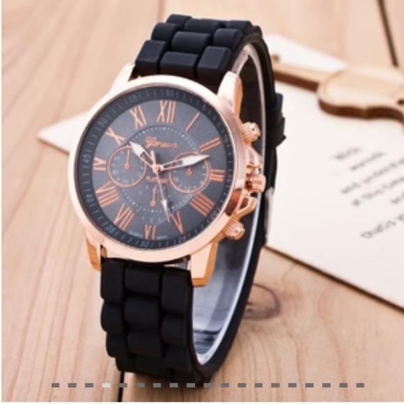 Geneva Accessories - Women’s Wrist Watch Black Band Silver Clasp and Rosy Gold Tone Around Face